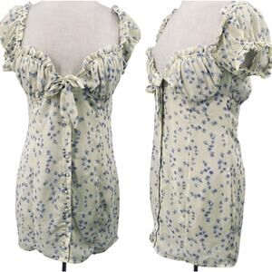 Oh Polly Floral Print Bustier Mini Dress Bow Front CutOut Ruffled Puff Sleeve 10